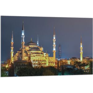 WallClassics - Vlag - Sultan AhmetMoskee in de Nacht in Istanbul, Turkije - 105x70 cm Foto op Polyester Vlag