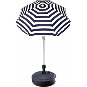 Blauw gestreepte lichtgewicht strand/tuin basic parasol van nylon 180 cm + vulbare parasolvoet antraciet van plastic