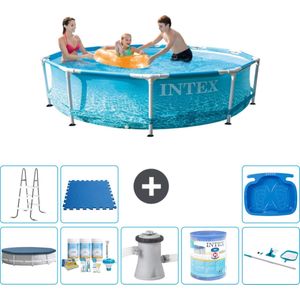 Intex Rond Frame Zwembad - 305 x 76 cm - Waterprint - Inclusief Afdekzeil - Onderhoudspakket - Zwembadfilterpomp - Filter - Schoonmaakset - Ladder - Voetenbad - Vloertegels