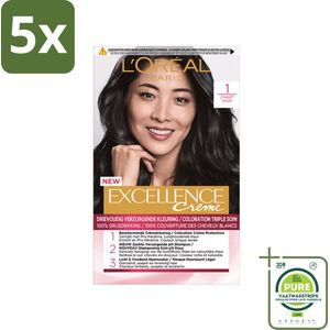 5 x L'Oréal Excellence Crème Permanente Crèmekleuring 1 Zwart - Grootverpakking - Haarverf - Permanente Haarkleuring - Grijsdekking - L'Oréal Paris - Excellence Crème