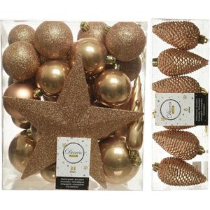 Kerstversiering kunststof kerstballen en hangers camel bruin 5-6-8 cm pakket van 39x stuks - Met ster vorm piek van 19 cm