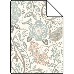 Proefstaal ESTAhome behang bloemen en vogels in art nouveau stijl vergrijsd groen, bruin en perzik roze - 26,5 x 21 cm - 139294-S