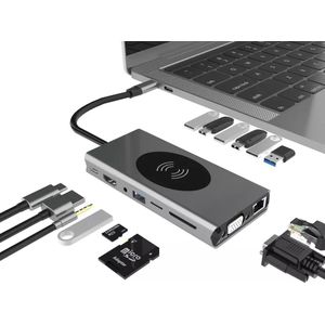 DrPhone MD7 15-in-1 USB C Hub-Multipoort Adapter met Draadloze Lader- HDMI/VGA/SD/MicroSD/Ethernet/USB 2.0/USB 3.0/PD & Audio Jack
