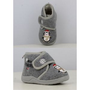 Meisjes baby / peuter / kleuter pinguin pantoffels – grijs met leuke winterpinguin figuur – sterke antislip – velcro / klittenband sluiting - maat 19