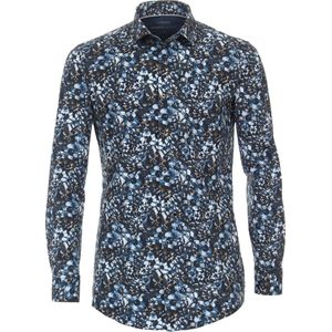 VENTI modern fit overhemd - jersey - blauw dessin - Strijkvriendelijk - Boordmaat: 37