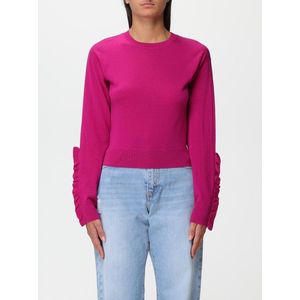 Cropped Merino Wool Sweater with Ruffled Cuffs Wo - Fuchsia