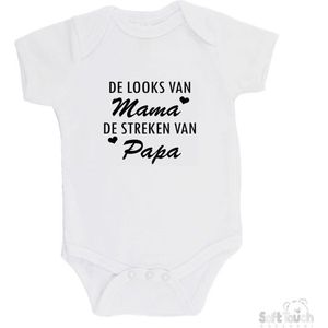 100% katoenen Romper ""De looks van mama, de streken van papa"" Unisex Katoen Wit/zwart Maat 62/68