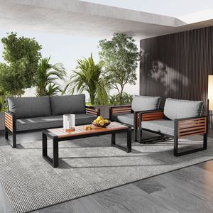 Gutent Tuinmeubilair Set met Gegalvaniseerd IJzeren Frame -4-delige Eettafel -1 2-zits Bank -2 Enkele Stoelen -1 Tafel met Grijs en Houten Decoratieve Armleuningen