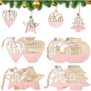 24 stuks kerstdecoratiehangers - houten gepersonaliseerde kerstboom hertenkop rendier - Kerstmis geschenken doe-het-zelf handwerk knutselen