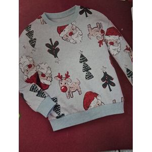 Kinder Sweater Trui - 122/128 6-8 Jaar - Kersttrui - Lichtblauw - Kerstman / kerstboom / Rendier