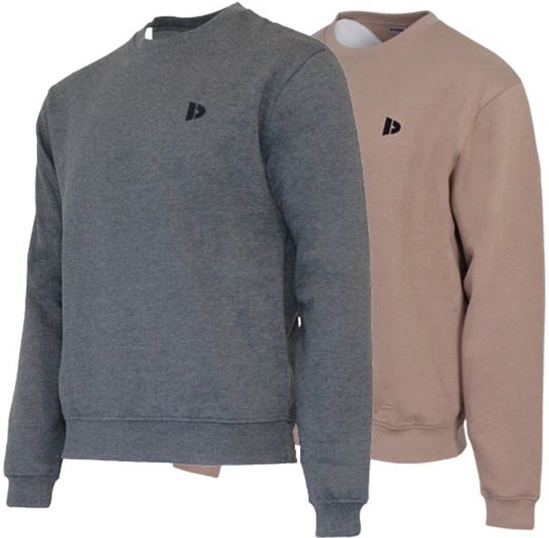 2-Pack Donnay - Fleece sweater ronde hals (Dean) - Sporttrui - Heren - Charcoal-marl/Taupe-grey (727) - maat S