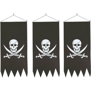 3x Zwarte piraten vlag met doodskop 86 cm - Piraten vlaggen - Piraat thema versiering horror/Halloween/Carnaval