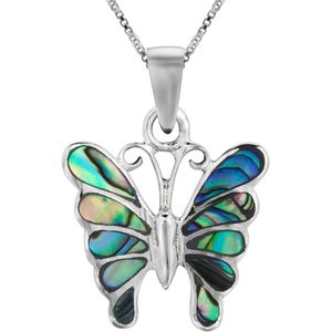 Ketting zilver | Zilveren ketting met hanger, vlinder met vleugels van Abalone