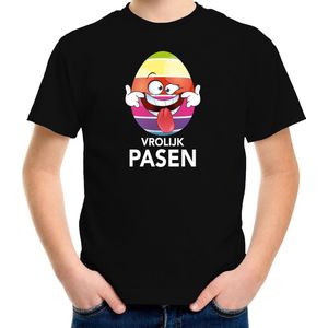 Paasei die tong uitsteekt vrolijk Pasen t-shirt / shirt - zwart - kinderen - Paas kleding / outfit 146/152