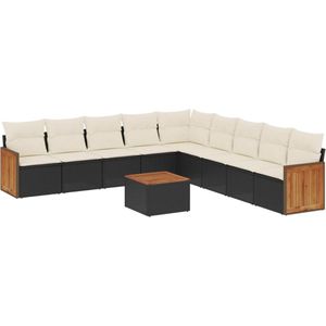 vidaXL - 10-delige - Loungeset - met - kussens - poly - rattan - zwart