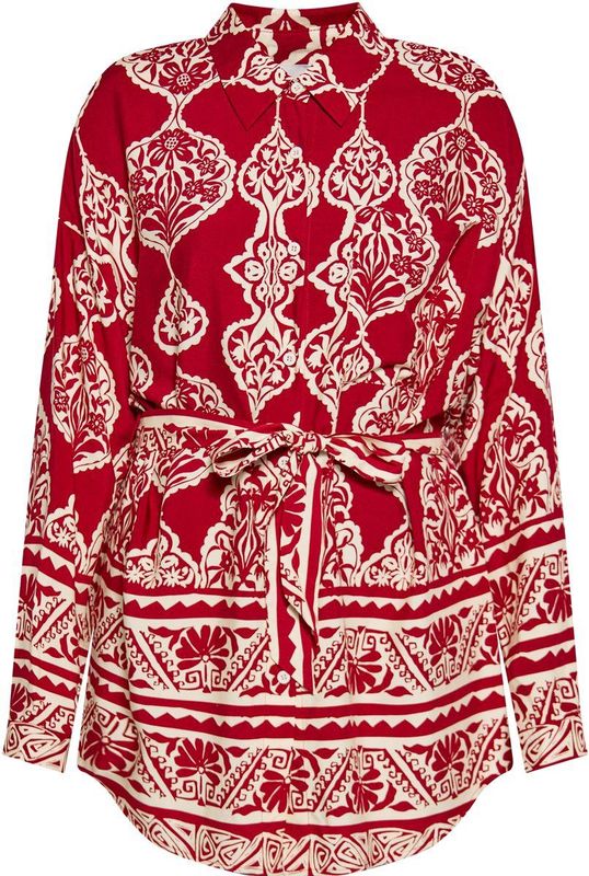 Usha - Blouse - Donkerrood/Wit - Klassieke Blouse - Lange Mouwen