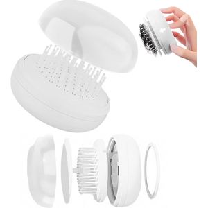 Draagbare kussenkam met mini-spiegel - Compacte reishaarborstel - Ontwarrende borstel in zakformaat - Reisvriendelijke massagekam - Reinigt het haar gemakkelijk (wit)