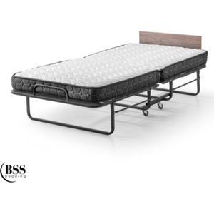 BSS Bedding Ruby Logeerbed met Houten Hoofdsteun - Opklapbed - Logeerbed - 90x200 cm - Inkl. 14 cm Matras - Opvouwbaar Bed - Metalen Bed met Wielen - Ruimtebesparend