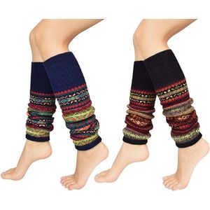 Beenwarmers voor dames, lange winter, beenwarmers, Boheemse stijl, gebreid, dikke beenwarmers, overknee, kousen, 1 of 2 paar, dansen, kous, gebreid, gehaakte sokken, legging, kerstkous - Zwart 1 paar + marine 1 paar