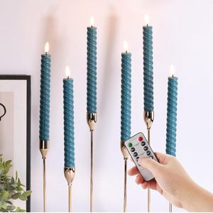 Teal Blue Spiral LED Taper Kaarsen met Afstandsbediening - Flickering Vlamloze Batterij Wax Kandelaars Set van 6