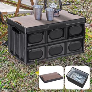 Campingbox, campingtafel, klaptafel, campingaccessoires, kofferbak, organizer, auto, vouwbox, opvouwbaar, stabiel, stapelboxen, plastic box met deksel met kofferbaktas, koeltas, groot, 55 l, zwart