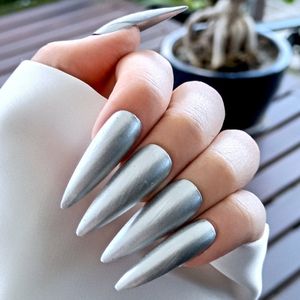 SD Press on Nails - B100 - Plaknagels met nagellijm - XL Stiletto - Metallic Zilver- Set 20 Nagels - Cosplay - Nepnagels - Valse Nagels - Extreem lange nageltips - Nail Art - Handgemaakt - Nagellak - Gellak