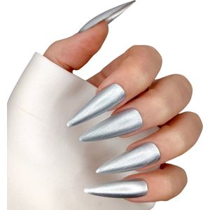 SD Press on Nails - B100 - Plaknagels met nagellijm - XL Stiletto - Metallic Zilver- Set 20 Nagels - Cosplay - Nepnagels - Valse Nagels - Extreem lange nageltips - Nail Art - Handgemaakt - Nagellak - Gellak