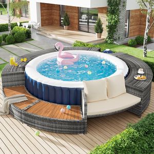 Sweiko Tuin loungeset - Ronde bank - Voor terras en zwembad - Verstelbare poten - Met kussens - Grijs (zonder opblaasbaar zwembad)