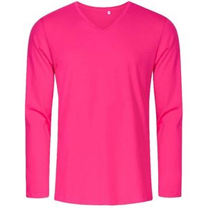 Helder roze t-shirt lange mouwen en V-hals, slim fit merk Promodoro maat 3XL