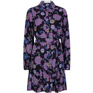 Lofty Manner - A-lijn Jurk - Zwart - Paarse Bloemenprint - Met Knoopjes en Striklint