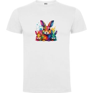 Wit T-Shirt met “Kleurrijke drie Leuke Konijnen groot en klein “ Print Full Color Maat S