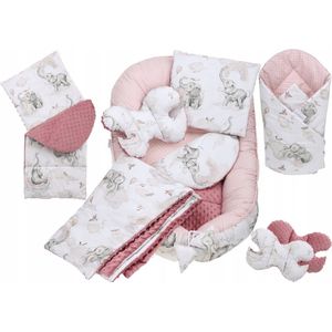Babynestje set pasgeborenen - knuffelnest baby nestje bed set 7-delig - baby cocon- Roze Olifant- ÖKO-TEX normen