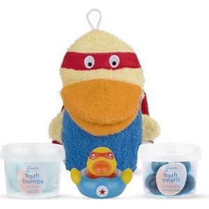 BAD SET SUPERHELD - 4 STUKS - Eendje, washandje, badolieparels, mini badbruisballen