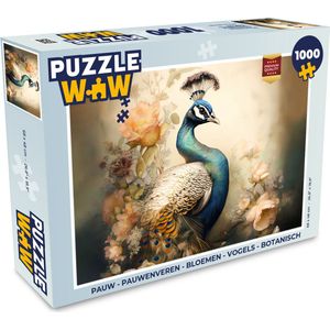 Puzzel Pauw - Pauwenveren - Bloemen - Vogels - Botanisch - Legpuzzel - Puzzel 1000 stukjes volwassenen