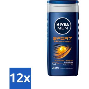Nivea - Men - Sport Douchegel - Body, Face & Hair - 250 ml - Voordeelverpakking - 12 stuks