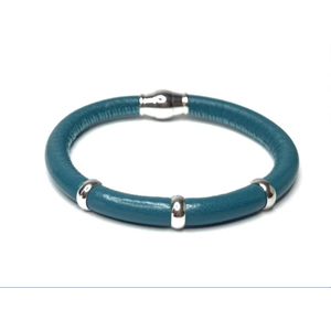 NIEUW! - Jolla - dames armband zilver - leer - magneetsluiting - bedels - Single Silver - Turquoise