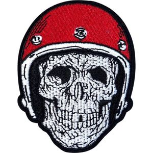 Skull Schedel Helm Strijk Embleem Patch 7.1 cm / 9.2 cm / Rood Wit Zwart