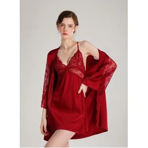 Sexy Pyjama met pyjama jas - Nachthemd - Polyester - Nachtjurk - Rood- One size
