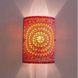 Oosterse mozaïek cilinder wandlamp | 1 lichts | oranje / rood | glas / metaal | 26 cm hoog | eetkamer / woonkamer / slaapkamer lamp | traditioneel / landelijk / sfeervol design