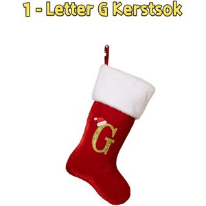 1 - Kerstsok met letter G - voor kerstboommantel - goudkleurig fluweel - rood