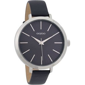OOZOO Timepieces - Zilverkleurige horloge met donker blauwe leren band - C9671