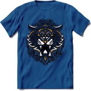 Tijger - Dieren Mandala T-Shirt | Geel | Grappig Verjaardag Zentangle Dierenkop Cadeau Shirt | Dames - Heren - Unisex | Wildlife Tshirt Kleding Kado | - Donker Blauw - S