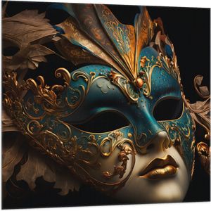 Vlag - Venetiaanse carnavals Masker met Blauwe en Gouden Details tegen Zwarte Achtergrond - 100x100 cm Foto op Polyester Vlag