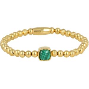 Gouden elastische bedelarmband met Malachite steen - Gouden armband met Malachiet steen - Met luxe cadeauverpakking