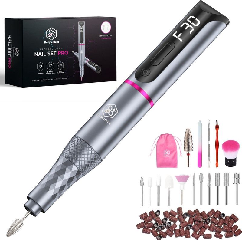 Beeperfect - Draadloze Elektrische Nagelvijl Pro Edition - Nagelfrees - Oplaadbaar - 11 Bitjes en 60 Schuurrolletjes - 30.000RPM