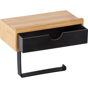 Toiletpapierhouder Bamsa met praktische plank van hoogwaardig bamboe, lade voor vochtige doekjes, houder voor wandmontage, incl. bevestigingsmateriaal, 18,5 x 14 x 10,5 cm, natuur/zwart