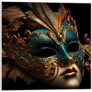 PVC Schuimplaat- Venetiaanse carnavals Masker met Blauwe en Gouden Details tegen Zwarte Achtergrond - 50x50 cm Foto op PVC Schuimplaat