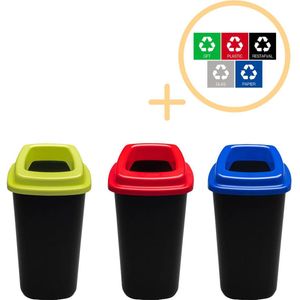 Plafor Sort Bin, Prullenbak voor afvalscheiding - 28L – Set van 3, Blauw/Groen/Rood - Inclusief 5-delige Stickerset - Afvalbak voor gemakkelijk Afval Scheiden en Recycling - Afvalemmer - Vuilnisbak voor Huishouden, Keuken en Kantoor - Afvalbakken