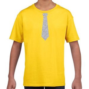 Geel fun t-shirt met stropdas in glitter zilver kinderen - feest shirt voor kids 110/116