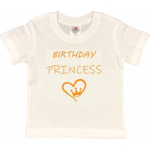 T-shirt Kinderen ""Birthday Princess"" | korte mouw | Wit/mosterd | maat 134/140 Verjaardag Meisjes Prinses